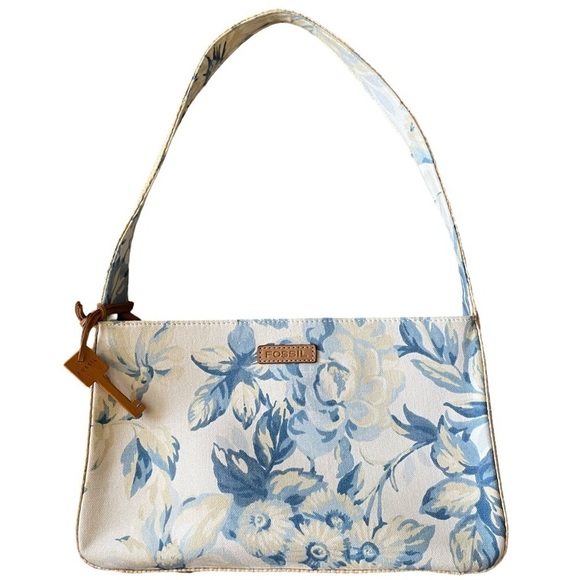 Fossil Handbags - Vintage Fossil Blue and Ivory Floral Canvas Shoulder Bag